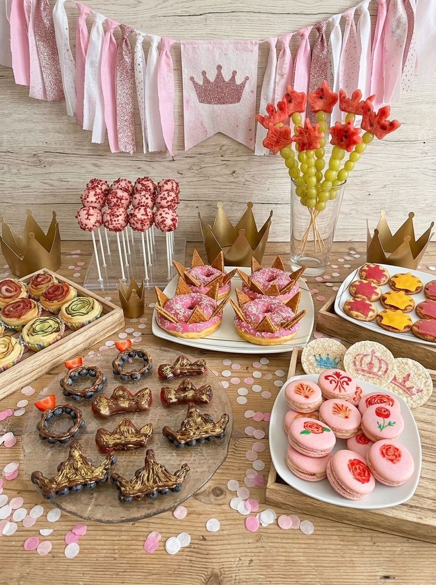 Prinzessinnen Party Snacks mit Kronen, Obstspießen, Mini-Pizzen, rosa Donuts, Cake Pops, Blätterteigrosen und Macarons